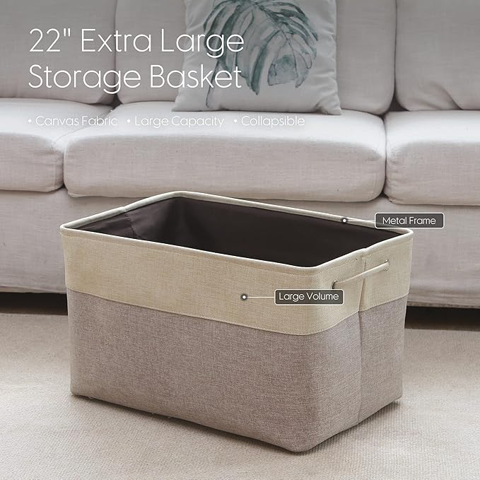 Sea Team 3-Pack Extra Large Storage Basket Set, Trunk Organizer, Clothes Toys Bin, 22 x 15 x 13 Inches, Rectangular Canvas Fabric Collapsible Shelf Box with Handles for Kids Room (Tan/Beige)