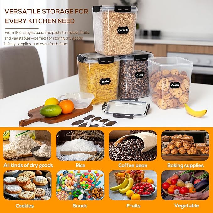 Large Thicker Food Storage Containers with Lids Airtight 5.3L/179Oz, 4pcs Plastic Pantry Storage Container for Dry Food/Flour/Sugar/Pasta/Cereal/Baking Supplies, Canister for Kitchen Organization