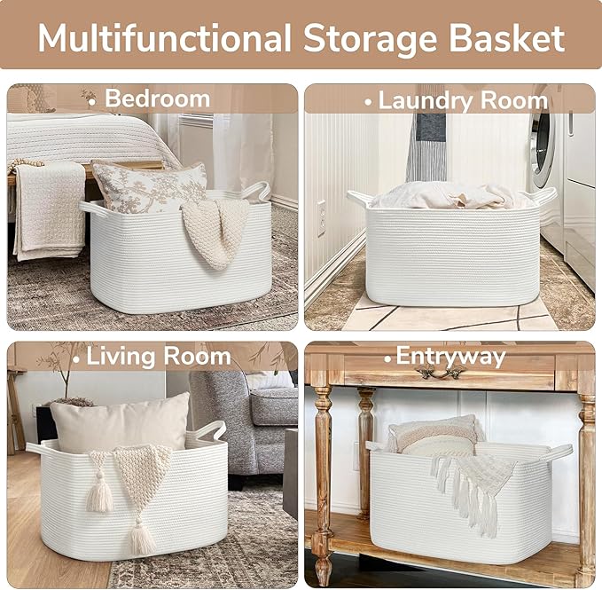 Goodpick Large Blanket Basket Living Room, Storage Baskets for Organizing, Woven Rope Laundry Basket for Toy Storage, 21.6" x 14.9" x 11.8", White