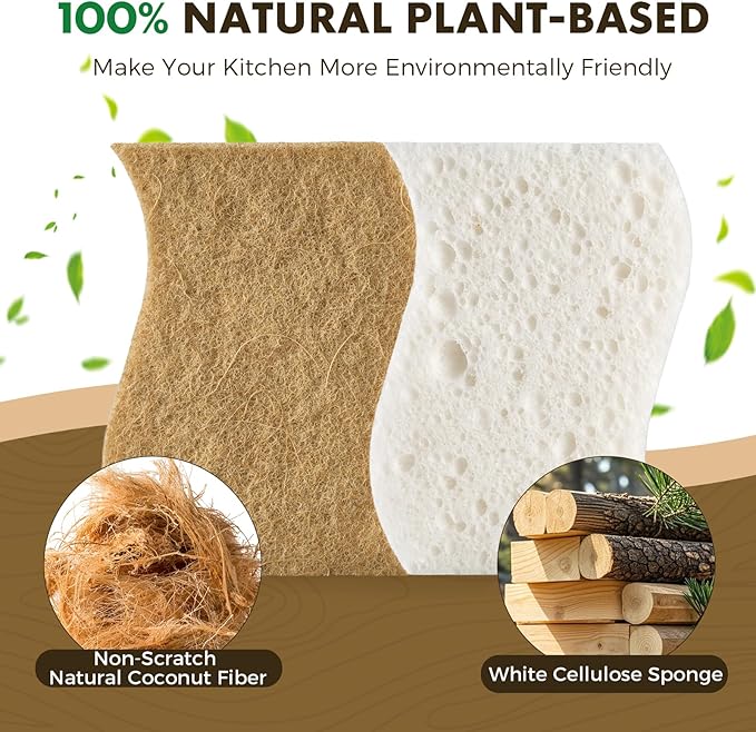 COBETE 12 Pack Natural Biodegradable Kitchen Non Scratch Sponges,Compostable Plant Based Coconut Cellulose Sponge,Eco Friendly Reusable Dish Scrubber Sponge for Pots, Pans & Household Cleaning