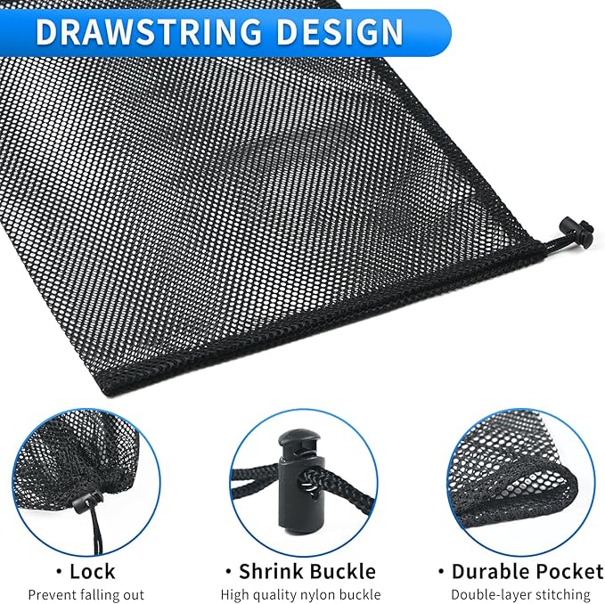 10 Pcs Mesh Drawstring Bag 16" x 20" with Cord Lock Closure, Durable Heavy Duty Nylon Mesh Bag for Travel Gym Laundry Swimming Soccer Ball Basketball Beach Toys Etc (Black)