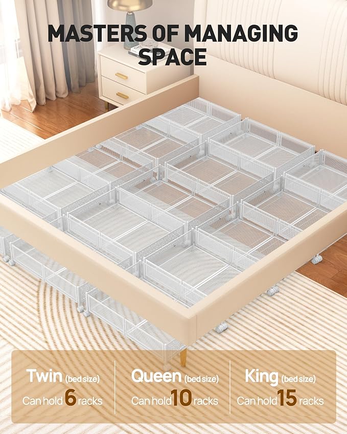 Under Bed Storage With Wheels - 60L Foldable Pattern Carved Metal Container, Rolling Underbed for Shoes, Clothes, Blankets - Easy Assembly