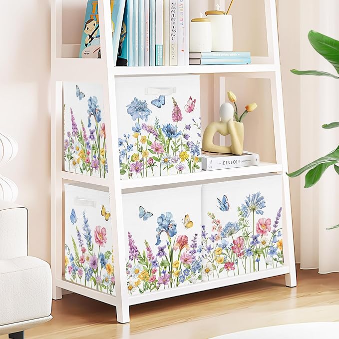 Clastyle Flowers Storage Cube Organizer Set Handle Closet Clothes Cube with Metal Frame Foldable Parents Organizer Storage Basket for Book Toy,Blue Flowers,11.8x11.8x11.8 in