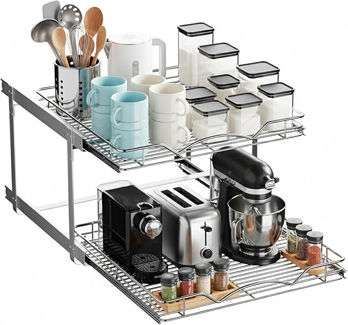 2-Tier Pull-Out Cabinet Organizer with Heavy-Duty Steel Frame, Full-Extension Sliding Shelves, Holds 100 lbs, Easy Install for Kitchen, Pantry & Under Sink Cabinets, 22" W x 21”D x 16.5" H