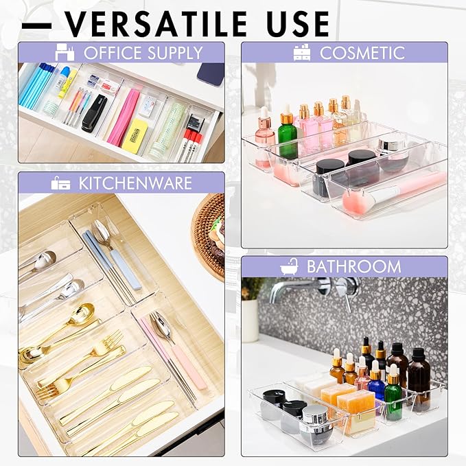 HOUSE DAY Desk Drawer Organizer Bins 4 PCS, 9*3*2" Clear Drawer Organizers with Silicone Pads, Vanity Organizers and Storage, Non Slip Plastic Drawer Organizer for Makeup, Bathroom, Kitchen, Office