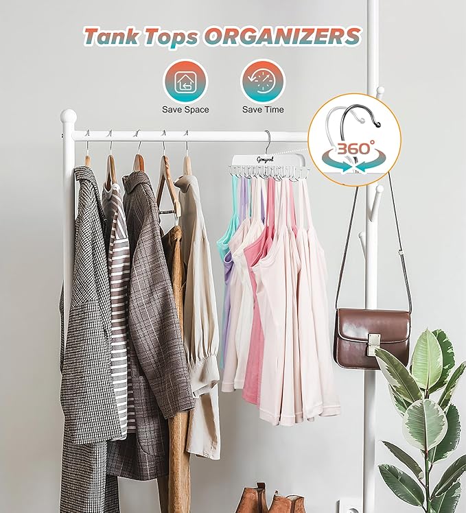 Bra Hanger for Closet, 1 Pack Tank Top Hanger w/20 Hooks Capacity Foldable Wood Space Saving Hangers, 360°Rotating Closet Organizers and Storage for Dorm & Apartment for Bra Scarf Ties(White)