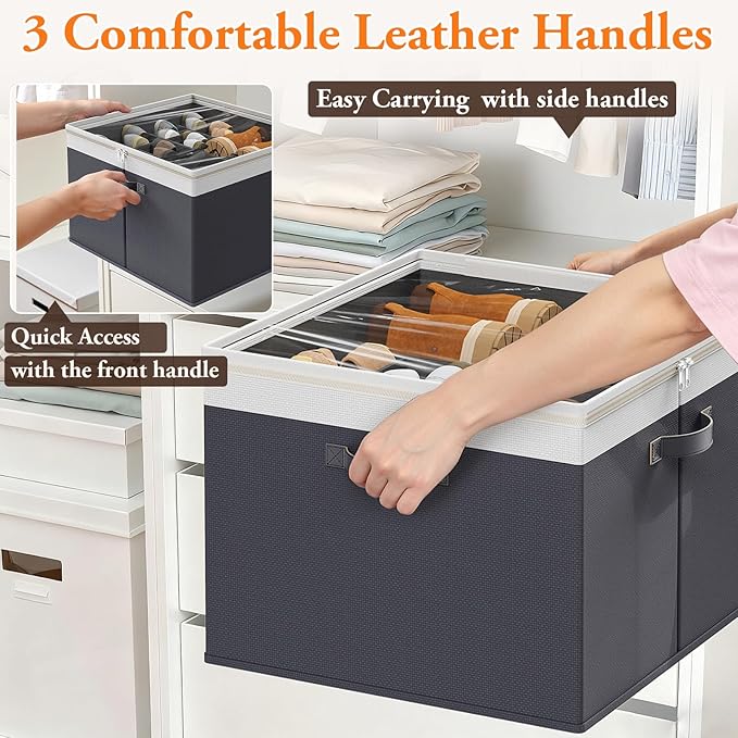 Shoe Organizer for Closet - 2 Packs Hold up to 32 Pairs, Large Shoe Storage Organizer Containers with Adjustable Dividers, Clear Cover, Leather Handles for Heels, Boots, Sneakers (Gray)