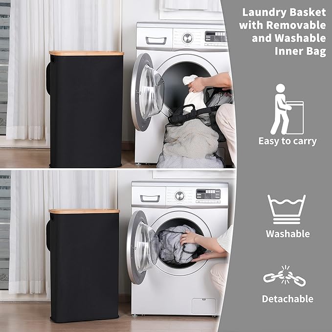60L Slim Laundry Hamper, Narrow Laundry Basket with Lid,Foldable Clothes Hamper with Bamboo Handles,Hamper Basket with Removable Inner Bag for Laundry Room Bedroom College Dorm,Black