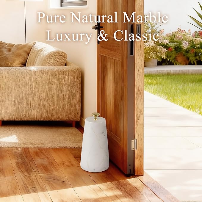 Marble Decorative Door Stoppers, Natural Marble Stone Doorstop with 2 Brass Handle. Heavy Duty Door Stop for Modern Home Decor. Anti-Slip Silicone Base Indoor Door Holder, Weighted Door Stop - White