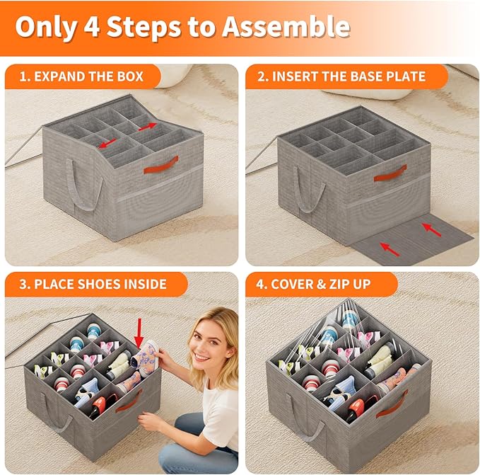 Aokeyee 2 Pack Shoe Organizer for Closet, Foldable Shoe Storage Organizer Box w/Clear Cover and 4 Reinforced Handles, Space Saving Shoes Bin Fits up to 32 Pairs, Grey