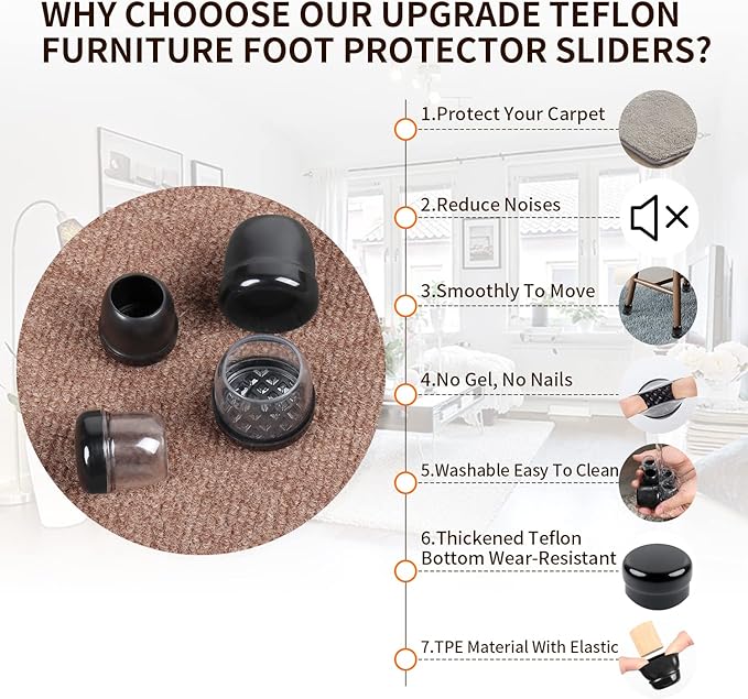 Ezprotekt 24 Pcs Chair Sliders for Carpet, Chair Glides for Carpet, Round Carpet Teflon Furniture Pads, Bar Stool Leg Protectors Caps, Furniture Sliders for Table, Chair (L Fit: 1-1/10" to 1-3/10")
