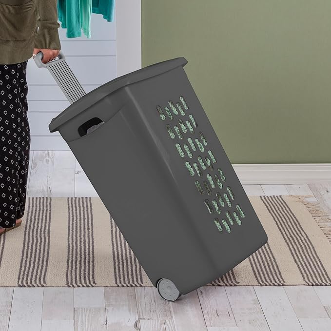 Sterilite 3-Pack Ultra Wheeled Hamper, Plastic Rolling Laundry Basket, Flat Gray - Portable Clothes Carrier with Flip-Top Lid and Retractable Handle for Home, Apartment, and Dorm