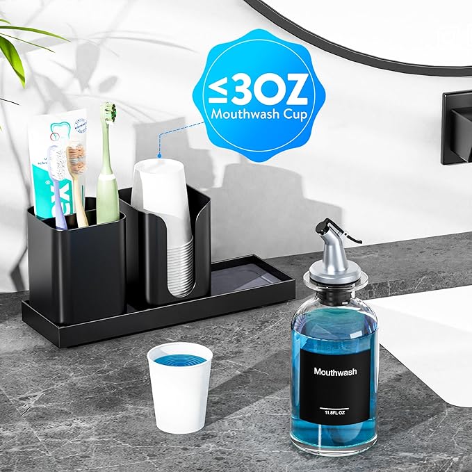 Moforoco Glass Mouthwash Dispenser with Toothbrush Holders, 11.8Oz Mouth Wash Bottle Container with Cup Holder, Funnel, Labels, and Drying Stone Tray, Bathroom Decor Accessories Set, Black