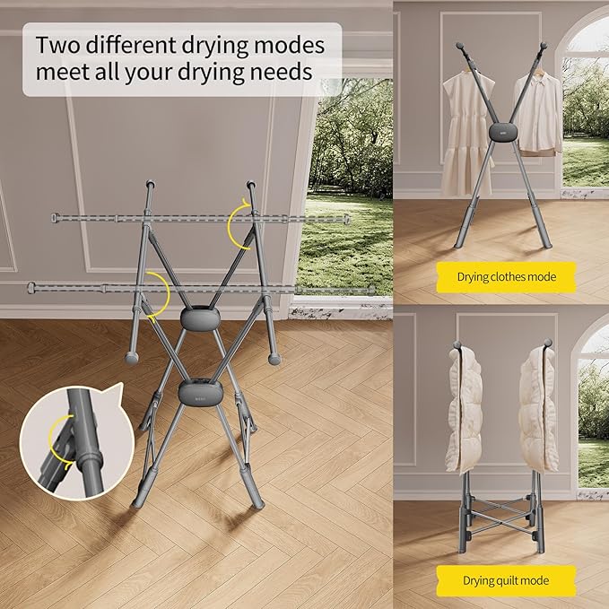 BIREN Clothes Drying Rack Heavy Duty Clothing Racks Foldable Laundry Rack Two Drying Modes Garment Racks for Drying Clothes, Adjustable Length from 32-55 Inches for Indoor Outdoor Use