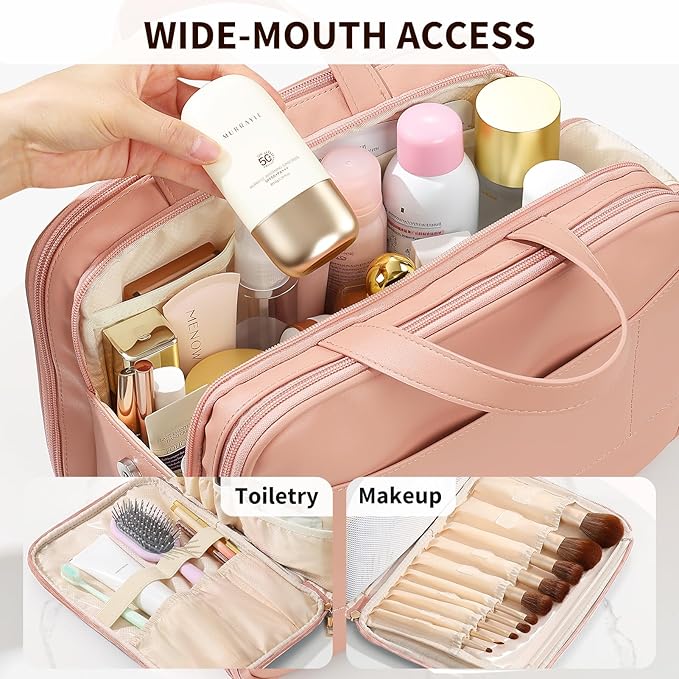 Large Travel Makeup Bag for Women with Luggage Sleeve and Reinforced Dual Handles, Featuring 10 Independent Elastic Brush Slots and 25 Pockets, Large Capacity Waterproof Cosmetic & Toiletry Organizer