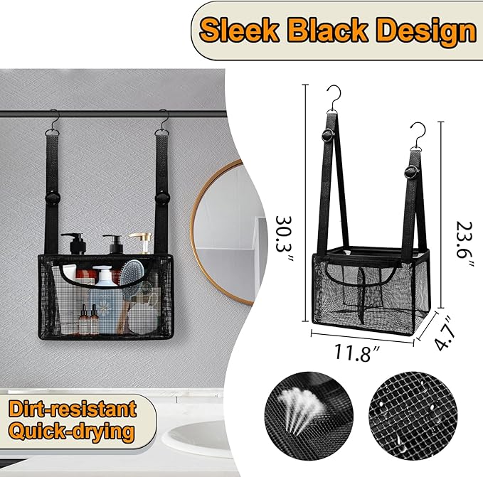 Momooda Black PVC Mesh Hanging Shower Caddy with 2 Magnetic Hooks, Adjustable Portable Bathroom Organizer with Pockets for Cruise, Dorm, Gym, Camping, RV, 12"x6"x7"(LxWxH)