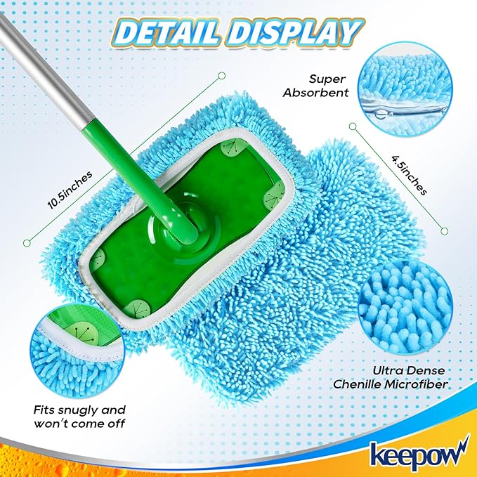 KEEPOW Wet Pads Refill Compatible with Swiffer Sweeper Mop and Sweep & Mop Deluxe, Dry Sweeping Cloths for Floor Mopping and Cleaning - Pet Heavy Duty Pads Refills, Upgraded Reusable (10 Pack)