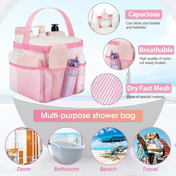 Attmu 2 Pack Mesh Shower Caddy Portable for College Dorm Room Essentials with 8 Pockets, Hanging Shower Caddy Dorm Basket, Quick Dry Shower Bag for Bathroom