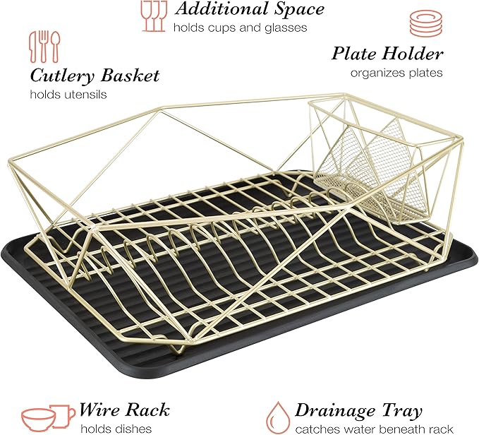 Kitchen Details Geode Deluxe Dish Drying Rack with Drain Board | Cutlery Basket | Utensil Holder | Iron Frame | Satin Gold