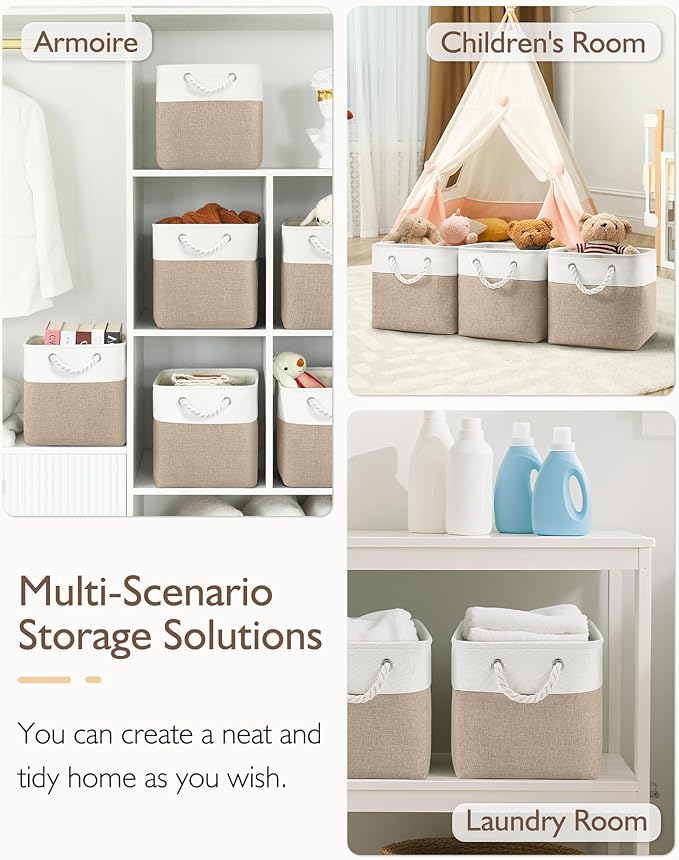 13x13x13 Cube Storage Bins,4 Pack Large Foldable Fabric Storage Cubes with Handles for Organizing Home, Closet, Shelf, Office(White&Khaki)