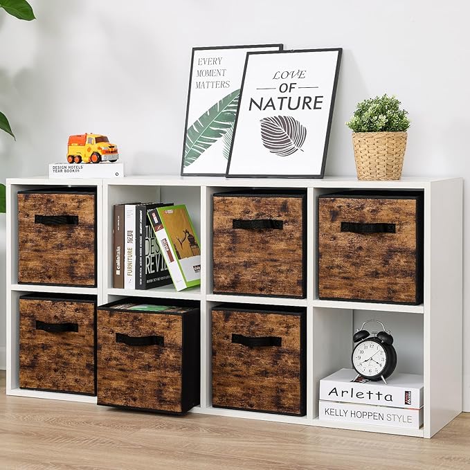 Stero Fabric Storage Cubes, 6 Pack Foldable Storage Bins with Handle, 11 Inch Box for Shelves, Closet, Organizer, Rustic Brown and Black