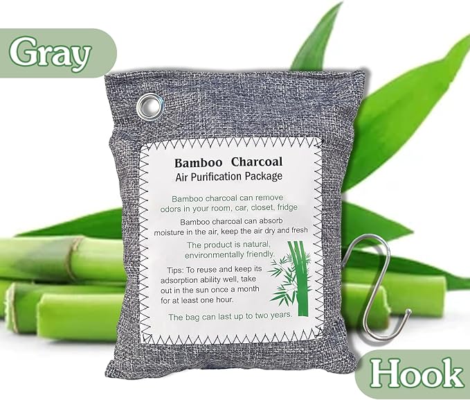 Bamboo Charcoal Air Purifying Bag, Activated Charcoal Odor Absorber Moisture Absorber Car Fresheners Odor Eliminator for Home Car Closet Refrigerator Shoe Smell Remover Gym Bag Deodorizer, Grey