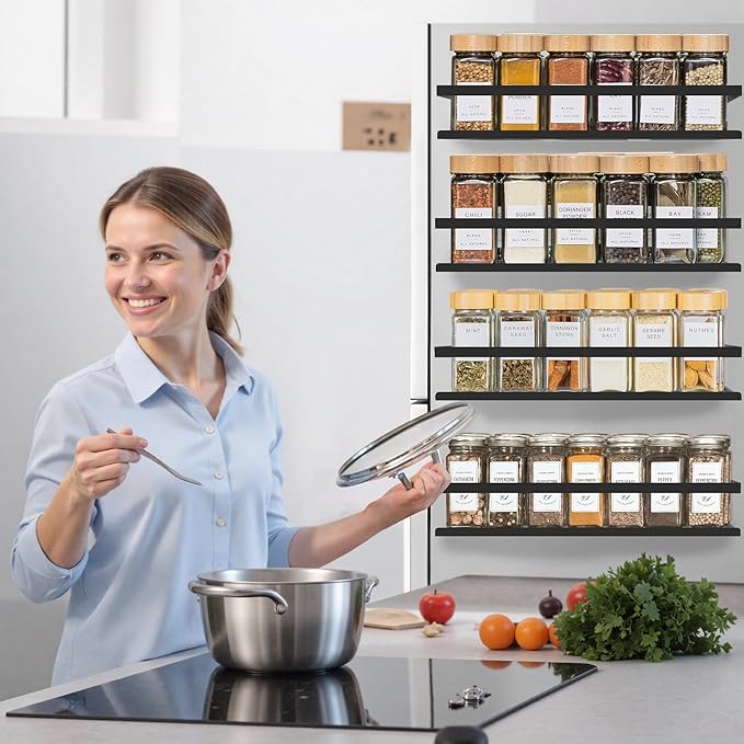 Magnetic Spice Rack for Refrigerator Seasoning Organizer for Spice Fridge Shelf storage Magnetic Shelf with Hook for Oven (4pack-Cut out-Black)