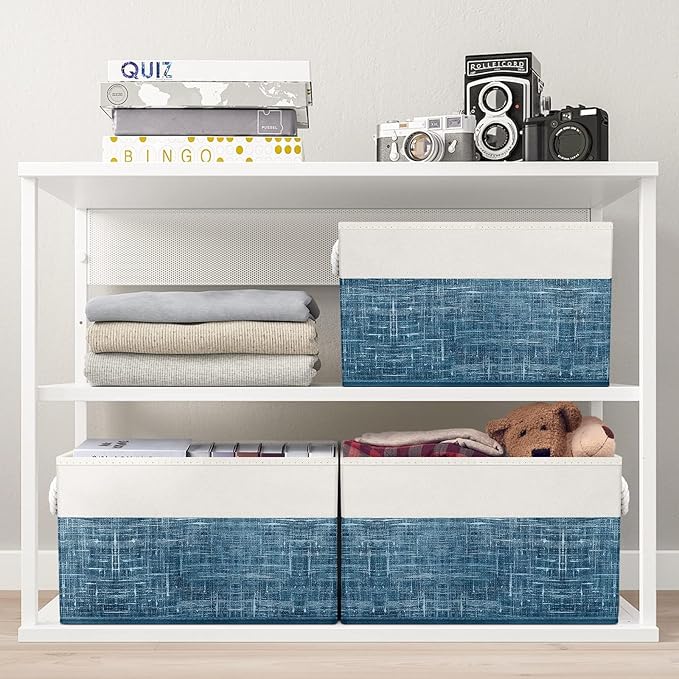 Fab totes Storage Bins [6-Pack], Foldable Storage Baskets for Organizing Toys, Books, Shelves, Closet, Large Storage Box with Rope Handles, Sturdy Organizer Bins, White & Blue