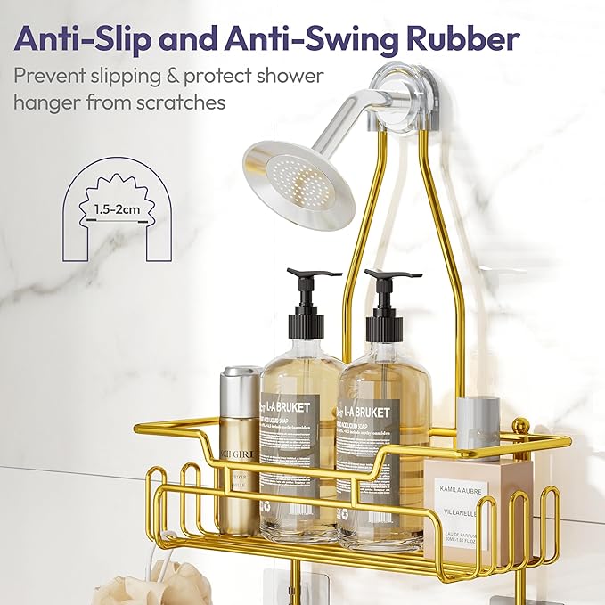 SWTYMIKI Bathroom Shower Caddy Hanging - 3 Tier Rustproof Over Shower Head Organizer, No Drilling Bathroom Shelf with 16 Hooks & Soap Holder, Anti-Swing Rack for Shampoo,Sponge,Towel, Gold