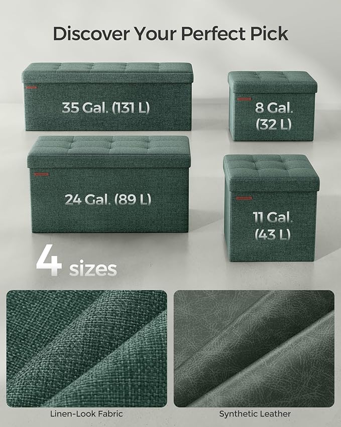 SONGMICS Mazie Collection - Small Folding Storage Ottoman, Foot Rest Stool, 12.2 x 16.1 x 12.2 Inches, 286 lb Load Capacity, for Living Room, Bedroom, Home Office, Dorm, Retro Green ULSF102C01