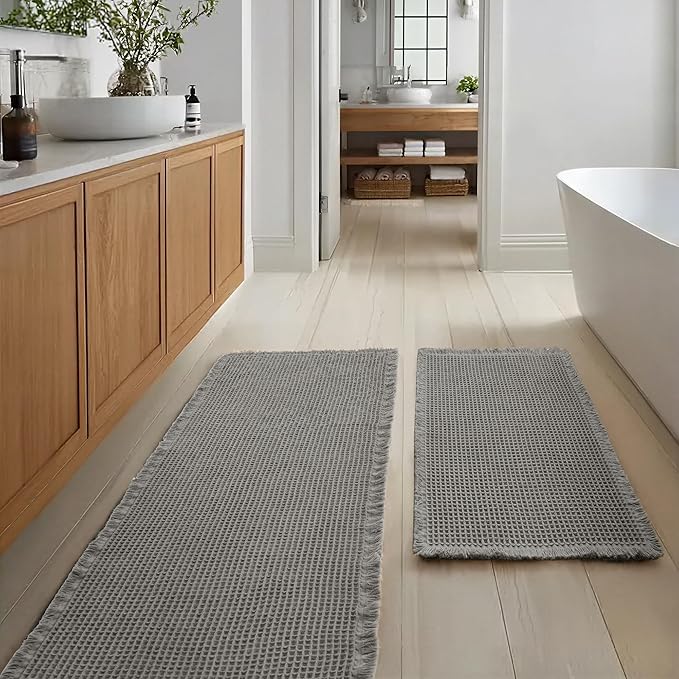JIUZHEN Set of 2 Waffle Bath Mats Non Slip Waffle Bathroom Runner Rug Washable Boho Runner Bath Rugs Super Absorbent Shower Mat for Bathroom Kitchen Hallway Laundry, 20" x 32" +24" x 60", Grey