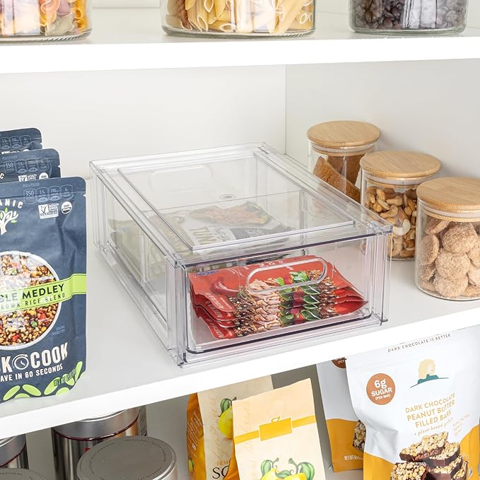 Smart Design Pull-Out Stackable Storage Bin with Removable Dividers - Small - 12.5" D x 8.35" W x 4.13" H - Clear