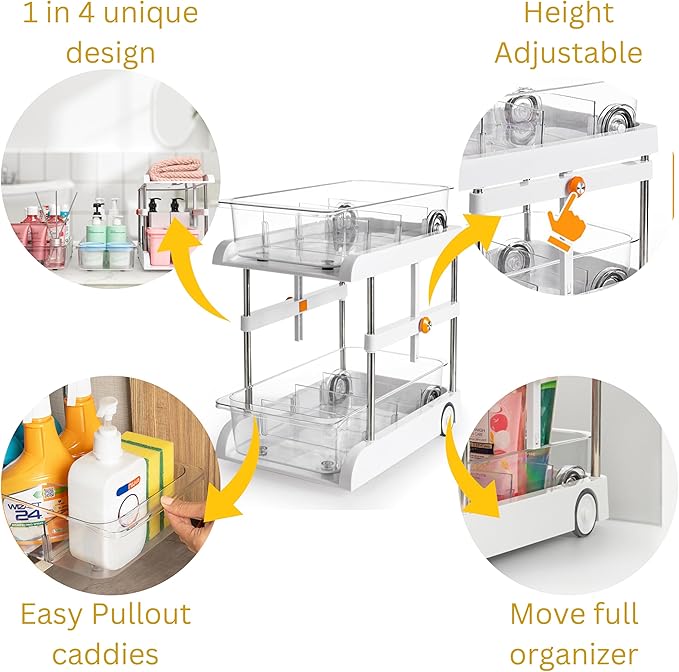 GAROOD All-in-One Multipurpose Sink and Height Adjustable Bathroom Cabinet Organizer with Pull Out Drawers, Spice Rack drawer, Sink Sponge Holder, Makeup Organizers, and under sink organizer - 1 pack
