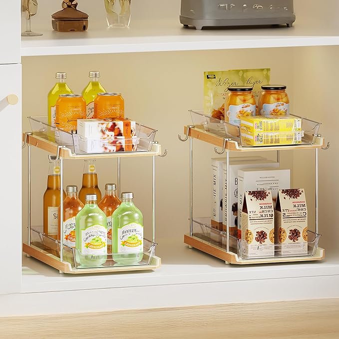 Delamu 2 Tier Bathroom Under Sink Organizers and Storage with Hook, Multi-Purpose Cabinet Drawers with Movable Dividers, Pull Out Organization for Countertop, Kitchen and Pantry(Wood Grain, 2 Pack)
