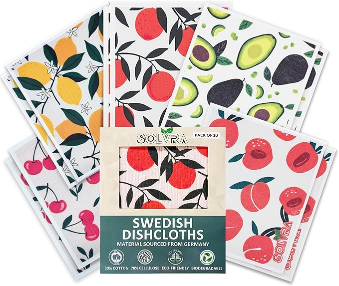 10 PCS Fruit Print Swedish Dishcloths for Kitchen 100% Biodegradabl, Reusable Cellulose Sponge Cloth, Ultra Absorbent, Eco Friendly Cleaning Towels | Dishcloths for Washing Dishes & General Cleaning