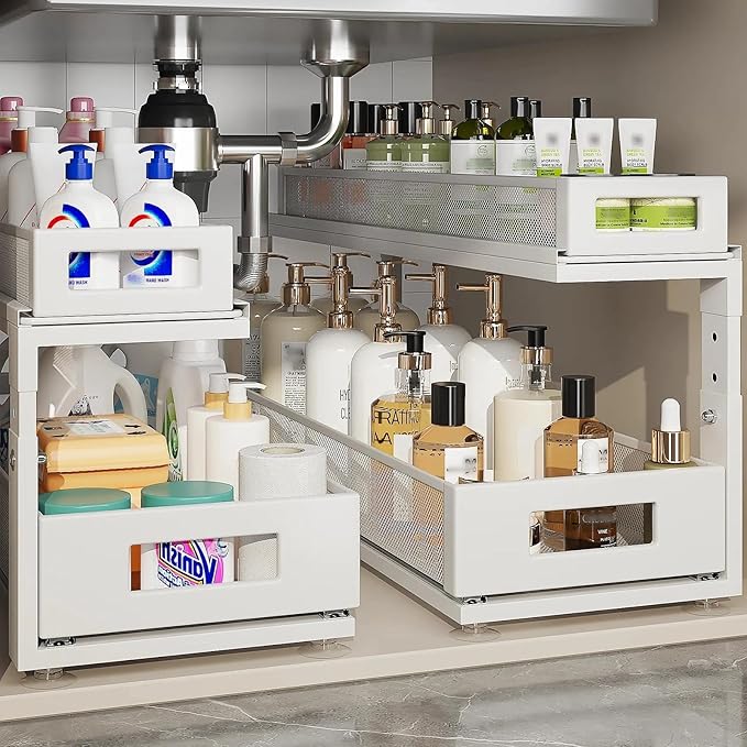 Corbyles 2 Pack 21.3IN-Depth Under Sink Organizer With Next-Gen Ball-Bearing Slides,2-Tier Pull Out Cabinet Storage,Height Adjustable Drawer Shelf for Bathroom,Kitchen,Laundry,Cabinet,Pantry-White