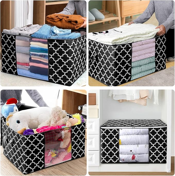WISELIFE Storage Bags 100L 3-Pack Large Blanket Clothes Organization and Storage Containers for Bedding, Comforters, Foldable Organizer with Reinforced Handle, Clear Window, Sturdy Zippers, Black