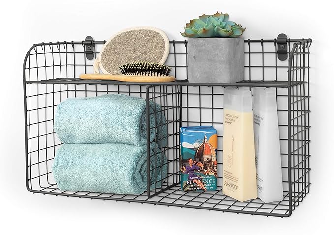 Spectrum 2 Bin Wall Mounted Wire Basket with Shelf Industrial Gray Organizer, Wall Mount Wire Basket Shelves for Kitchen Storage, Vintage Double Bin with Shelf Wall Mount Wire Storage for Organization