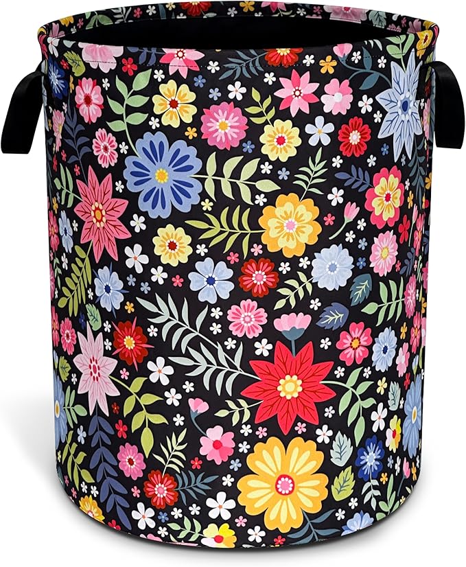 Colorful Folk Flowers Laundry Basket Oxford Cloth Floral Laundry Hamper With Handle Foldable Portable Clothes Storage Basket 18.9 X 16.5 In Storage Bag For Laundry Room/Bathroom/Bedroom/Dormitories