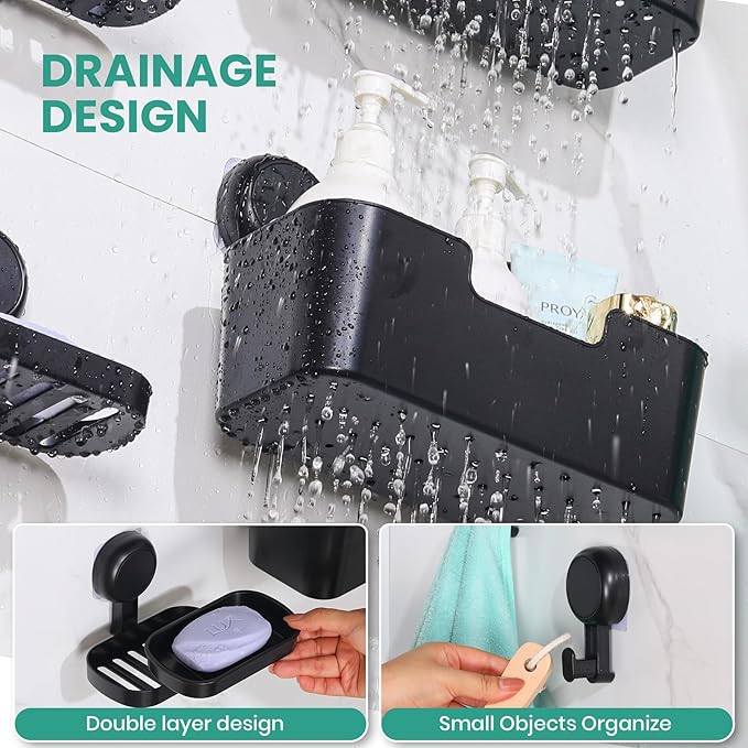 LALOBLUE Shower Caddy, Bathroom Organizers and Storage, 6 Pack Adhesive Organizers and Storage with No Drilling Hanging Shower Shelf, Removable Plastic Bathroom Accessories, Black