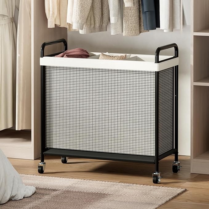 WOWLIVE Laundry Hamper 3 Section, 120L Rolling Laundry Basket with wheels and Removable Liner Bag, Laundry Sorter with Metal Handle, Large Clothes Hamper for Laundry Room, Bathroom and Dorm, Beige