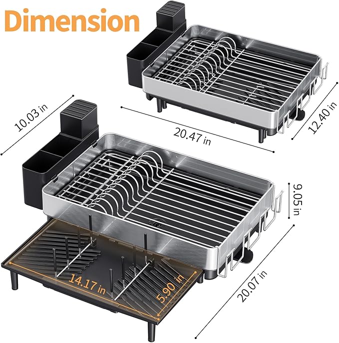 Dish Rack for Kitchen Counter, 304 Stainless Steel Dish Drying Rack, Expandable Dish Drainer, Foldable Dish Strainer with Cutlery Holder, Kitchen Plate Rack (Black, Large Size)
