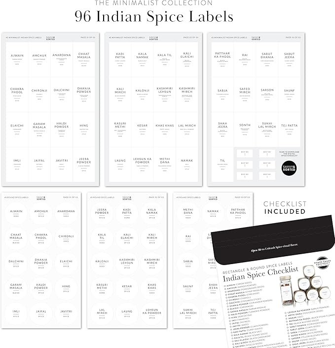 SAVVY & SORTED Spice Labels, 96 South Asian Spice Jar Stickers - Waterproof Kitchen Pantry Labels for Organizing Indian Spices