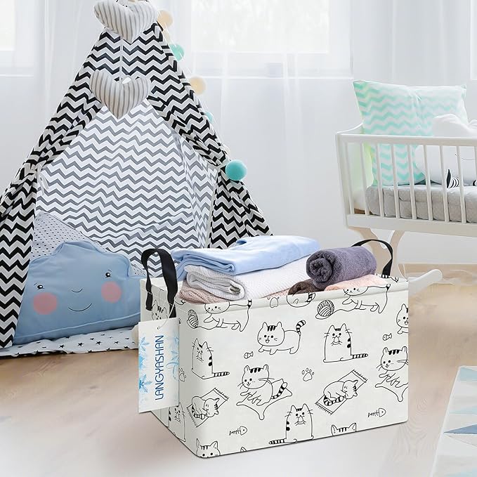 LANGYASHAN Rectangular Storage Bin Collapse Canvas Fabric Cartoon Storage Basket with Handles for Organizing Home Kitchen Boys and Girls Toys Office Closet Shelf Baskets (Rec Cat)