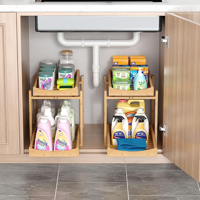 Bamboo Under Sink Organizer and Storage, 2 Pack Pull Out Cabinet Organization, 2 Tier Vertical Slide Out Undersink Storage Shelf, Multi-Purpose Organizer Shelves for Kitchen Bathroom Medicine