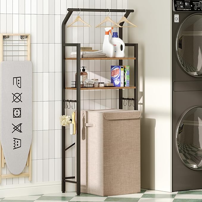 2-Tier Over The Toilet Storage, Multifunctional Vertical Over Toilet Bathroom Organizer, Freestanding Bathroom Storage Shelves with Hooks, Bathroom Organizer, Rustic Brown and Black TR01BR