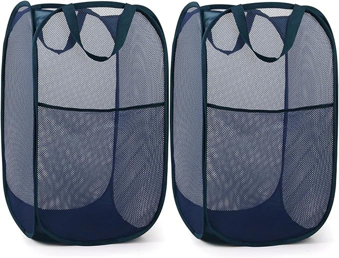 2 Pack Durable Collapsible Laundry Baskets - Reinforced Mesh Pop Up Laundry Hamper with Pocket, Foldable Dirty Clothes Hamper with Carry Handles for Laundry, Bathroom, Kids Room, Dorm or Travel Navy