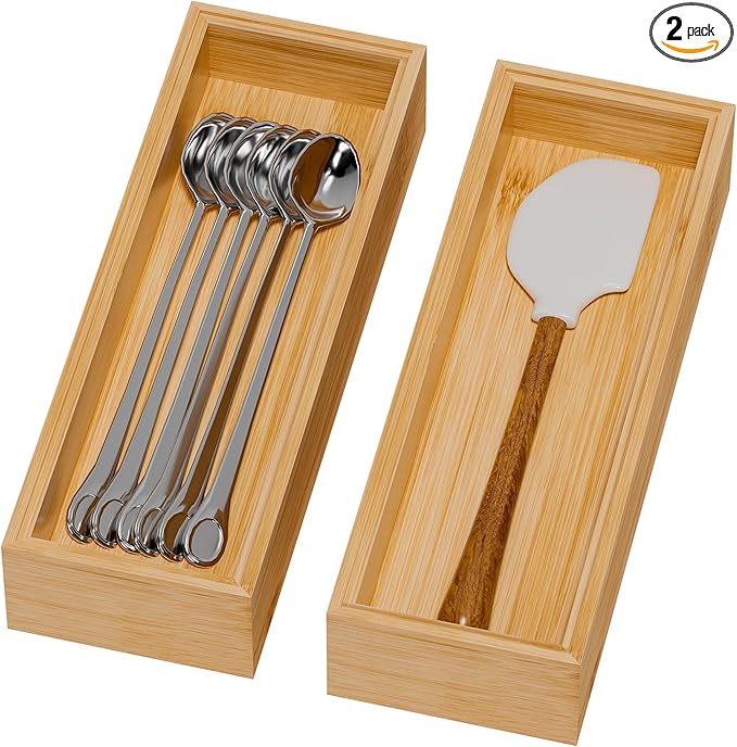 Bamboo Drawer Organizer for Kitchen Utensils, 2 Pack Stackable Cutlery Trays, Fits 1/2" Knives and Silverware, 10" x 3.5" x 2" (Outer), 9.3" x 2.8" x 1.3" (Inner)
