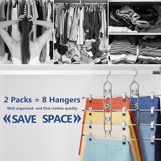Pants & Skirt Hangers with Clips, Newly Upgraded Detachable Space Saving Hangers, 4-Tiers Skirt Hangers for Women - Hanging Closet Organizer and Storage-2pack, Patent Pending