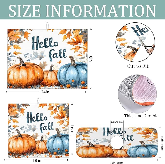3Pcs Pumpkin Dish Drying Mat & Kitchen Sink Splash Guard Faucet Mat For Kitchen Counter,Hello Fall Absorbent Microfiber Dishes Pad Dish Drainer Rack Mats Fast Dry Kitchen Accessories